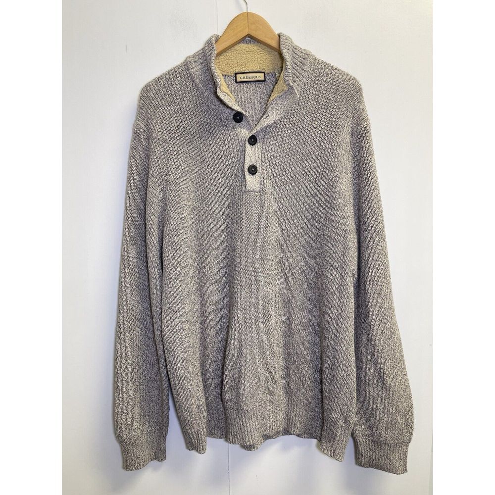 G.H. Bass & Co Men's Size XL Pullover Knit Sweater Sherpa Button Mock Neck Grey